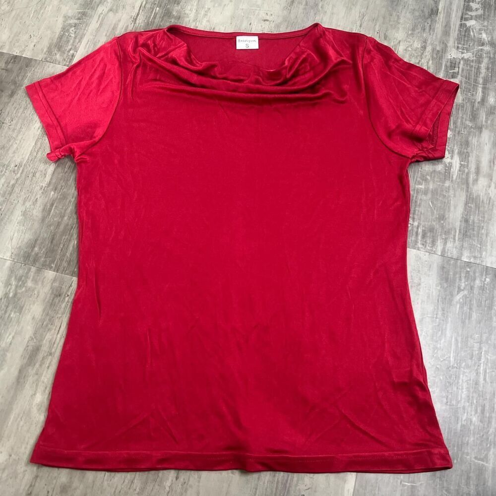 Cowl Neck Cap Sleeve Satin Blouse Red Size Small